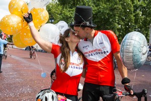 Gary Watson and Lisa Russell who married on route Prudential RideLondon, London-Surrey 100, finish line – London. 10 August 2014