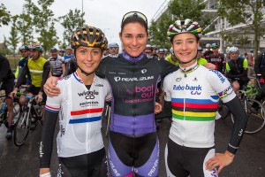 Prudential RideLondon, London-Surrey 100 – Laura Trott, Marianne Vos and Dame Sarah Storey start of the mass participation sportive at the Queen Elizabeth Olympic Park, London. 10 August 2014