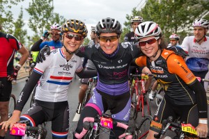 Prudential RideLondon, London-Surrey 100 – Laura Trott, Dame Sarah Storey & Emma Trott, start of the mass participation sportive at the Queen Elizabeth Olympic Park, London. 10 August 2014